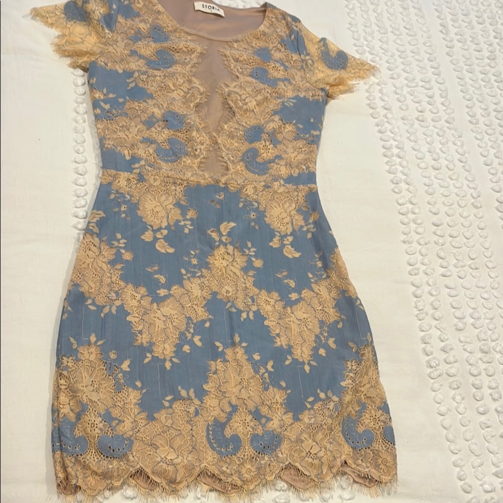 Storia Blue Bodycon Mini Dress with Plunge Neckline